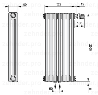 Схема (чертеж) Радиатор Zehnder Charleston 3220/7 №V008 Белый глянцевый RAL 9016